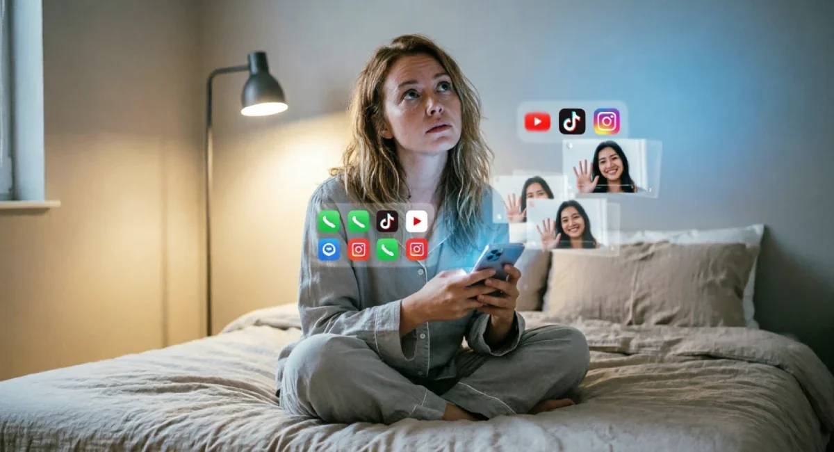 algorithmic fatigue daily content overload — person scrolling repetitive social media feed at night