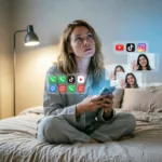 algorithmic fatigue daily content overload — person scrolling repetitive social media feed at night