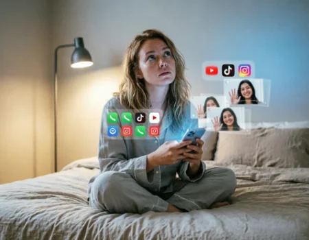 algorithmic fatigue daily content overload — person scrolling repetitive social media feed at night