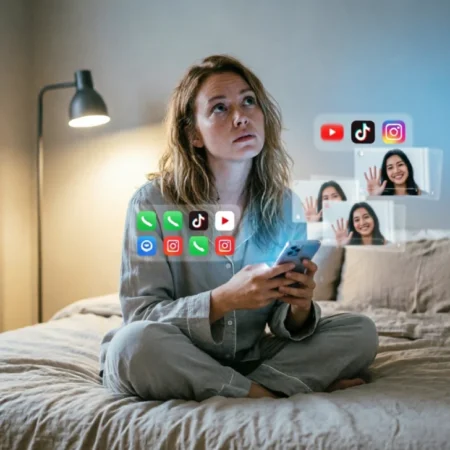 algorithmic fatigue daily content overload — person scrolling repetitive social media feed at night