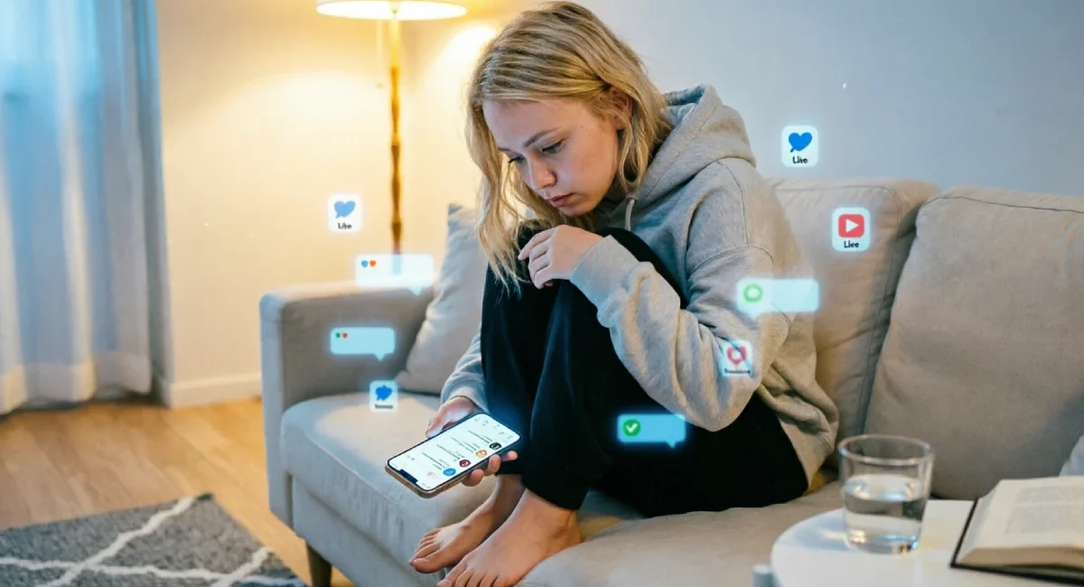 Person experiencing algorithmic fatigue social media feed at night