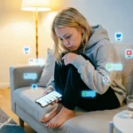 Person experiencing algorithmic fatigue social media feed at night