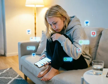 Person experiencing algorithmic fatigue social media feed at night