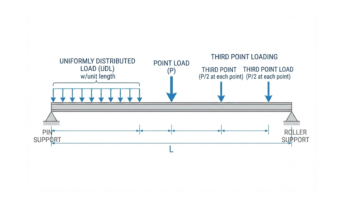 Diagram comparing uniformly distributed load and point load patterns on an aluminium beam