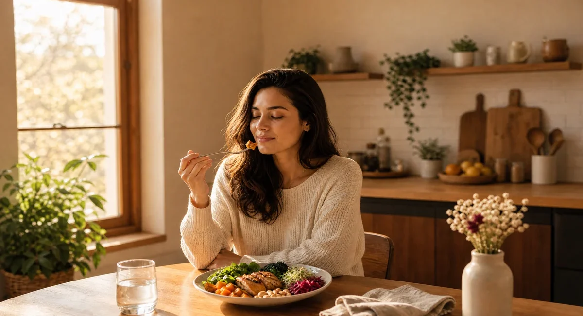 Woman experiencing the benefits of chewing slowly during breakfast