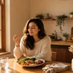 Woman experiencing the benefits of chewing slowly during breakfast