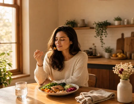 Woman experiencing the benefits of chewing slowly during breakfast