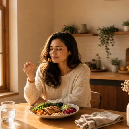 Woman experiencing the benefits of chewing slowly during breakfast
