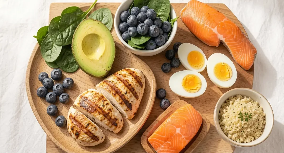 Best weight loss foods including lean protein, vegetables, and healthy fats arranged on a table