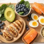 Best weight loss foods including lean protein, vegetables, and healthy fats arranged on a table