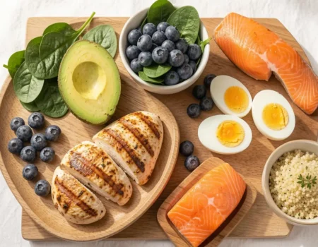 Best weight loss foods including lean protein, vegetables, and healthy fats arranged on a table