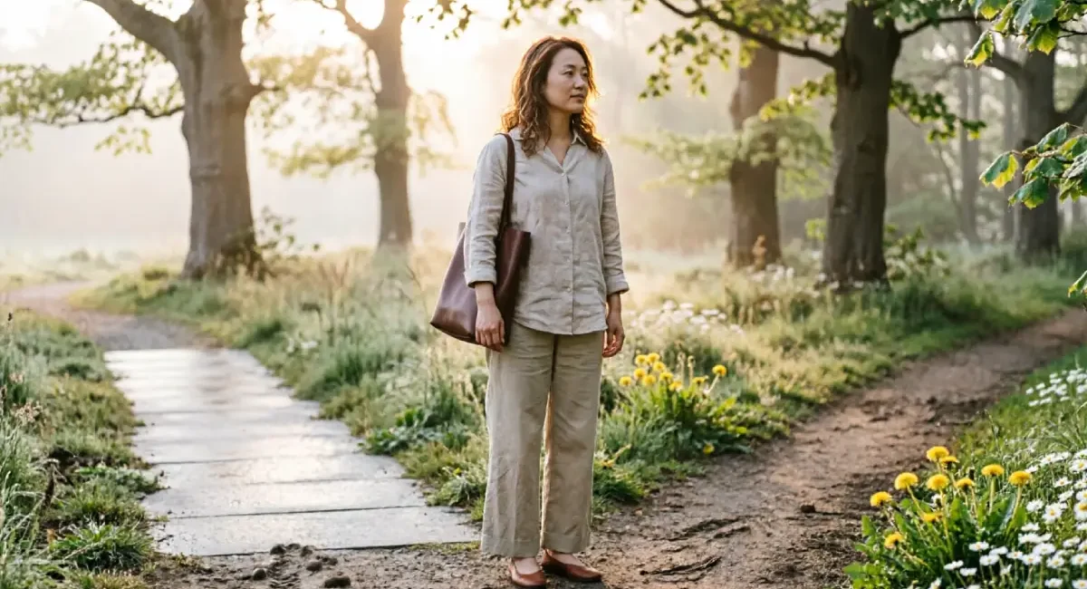 brain prefers familiar routines even when unhappy, person standing at a path choosing between old comfort and new change