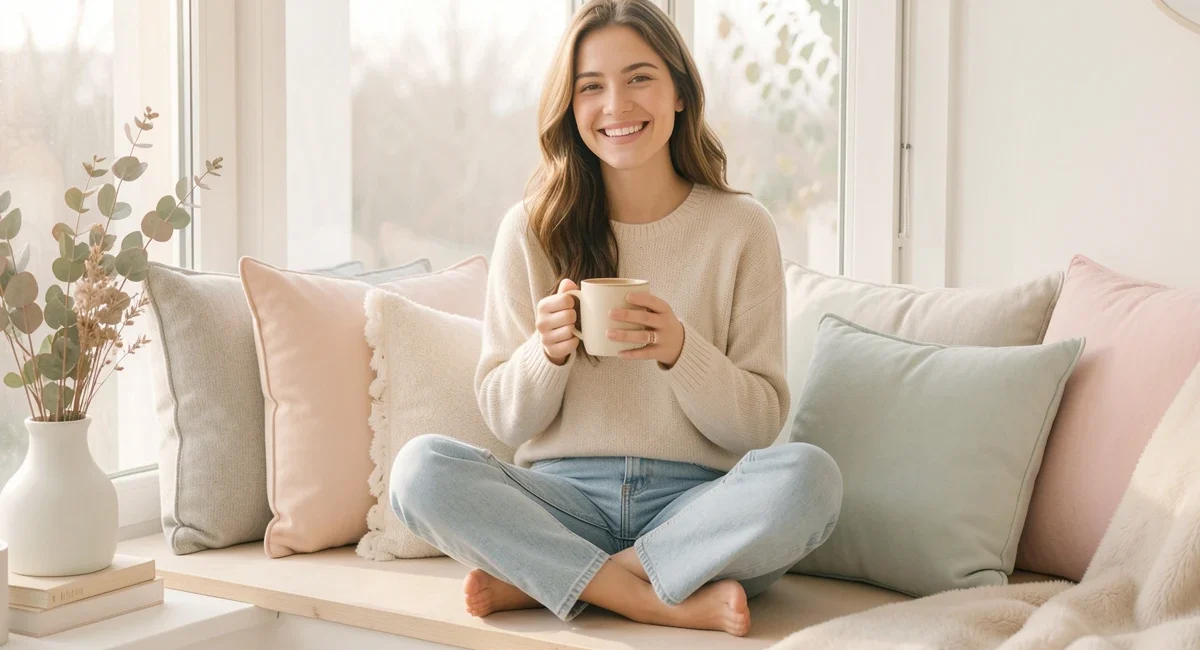 Woman calmly reflecting by a window instead of comparing her life stage to friends' milestones