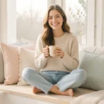 Woman calmly reflecting by a window instead of comparing her life stage to friends' milestones