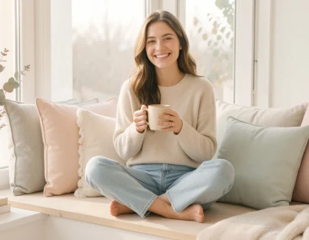 Woman calmly reflecting by a window instead of comparing her life stage to friends' milestones