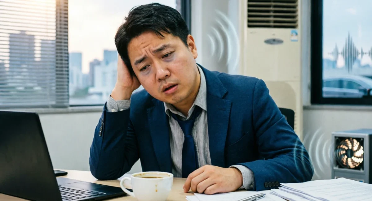 constant background noise exhaustion affecting a tired office worker