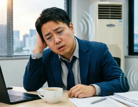 constant background noise exhaustion affecting a tired office worker