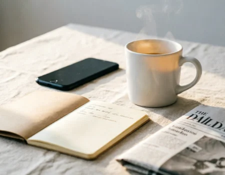 curate a low-information diet with a calm, phone-free desk setup