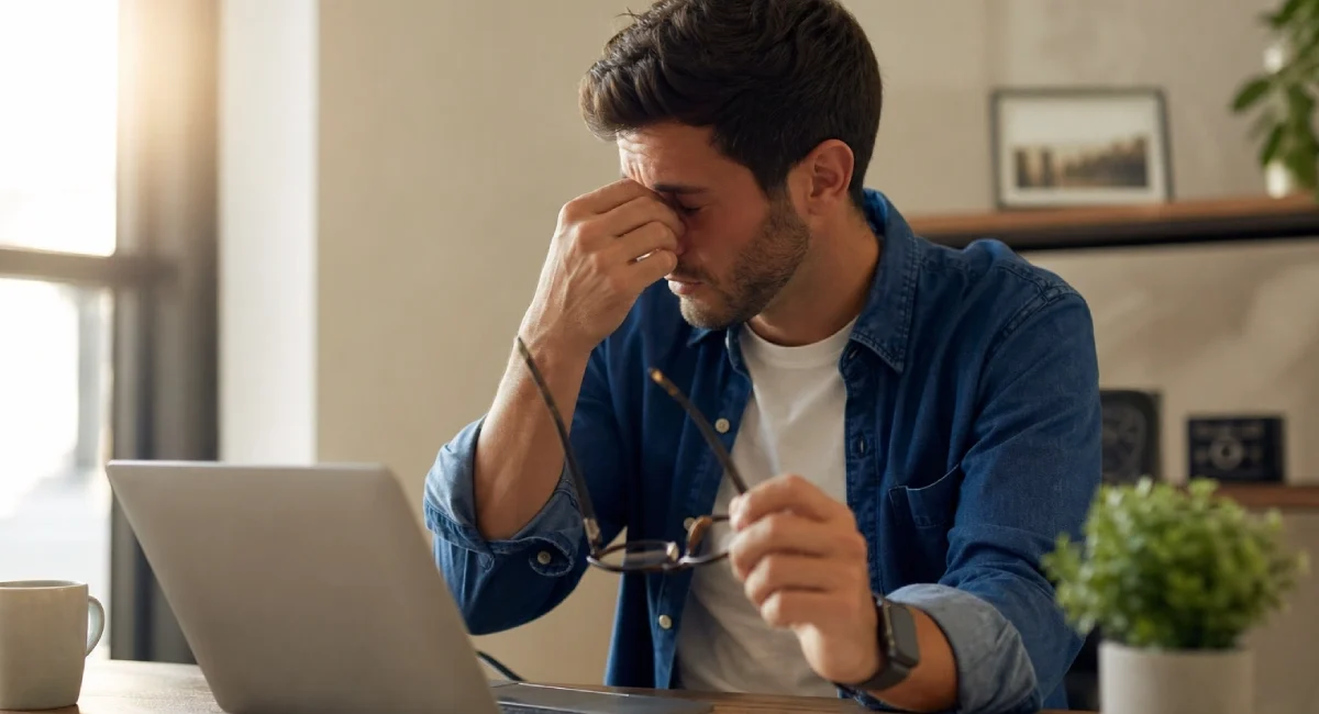 digital eye strain prevention guide - tired person rubbing eyes at desk