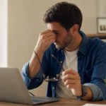 digital eye strain prevention guide - tired person rubbing eyes at desk