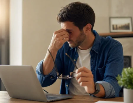 digital eye strain prevention guide - tired person rubbing eyes at desk