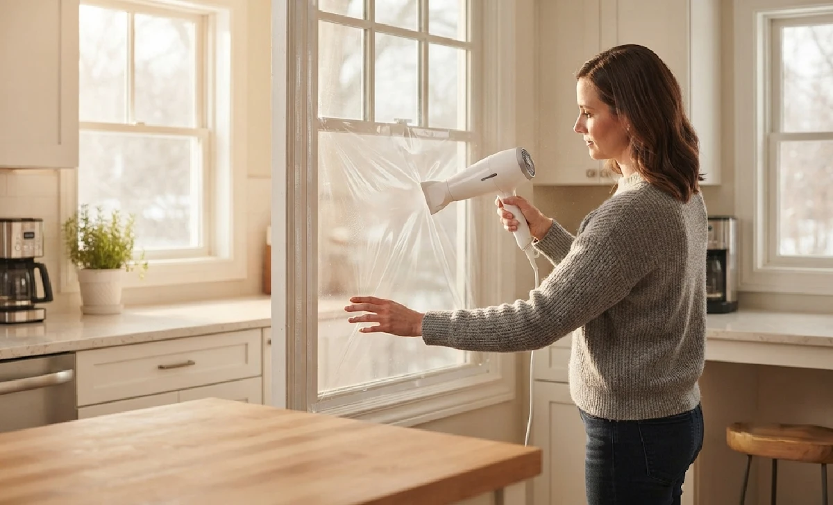 How to insulate windows to keep heat out using shrink film and a hairdryer
