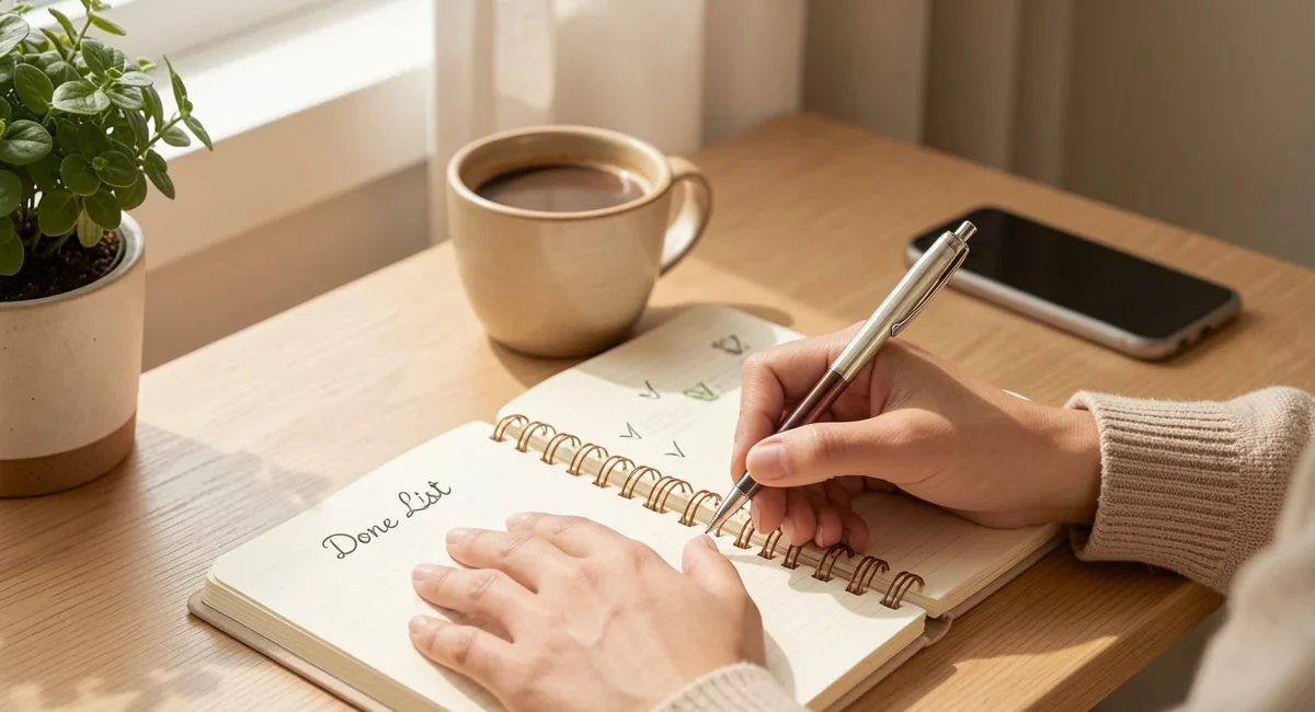 Done list method benefits shown through a hand writing finished tasks in a notebook