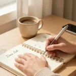 Done list method benefits shown through a hand writing finished tasks in a notebook