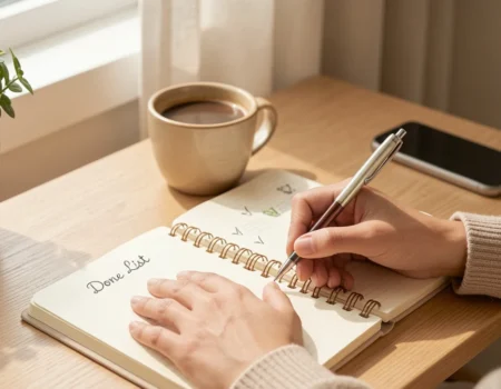 Done list method benefits shown through a hand writing finished tasks in a notebook