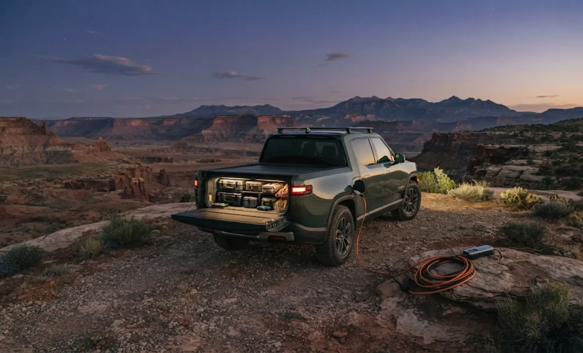 Electric adventure truck parked at a desert overlook with gear storage visible