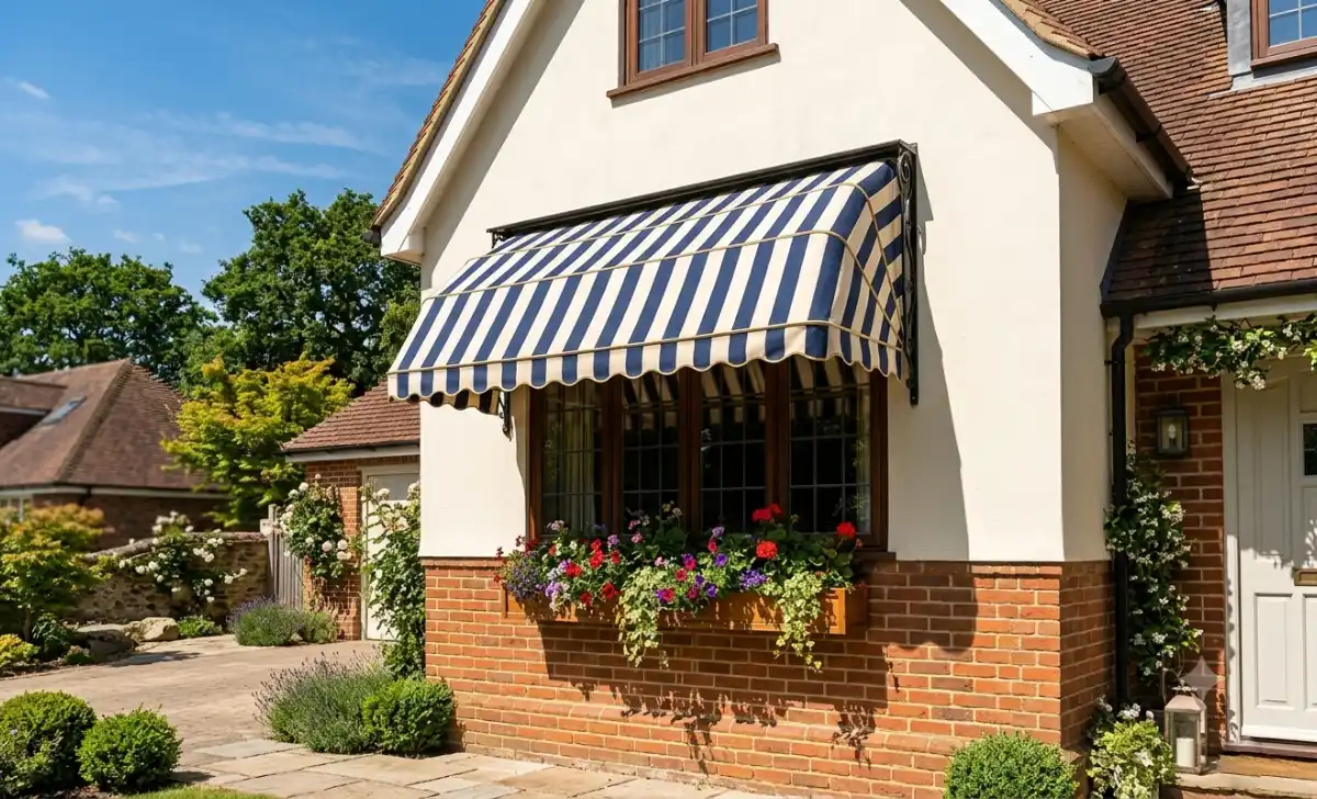 Exterior awning shading a home window to block solar heat