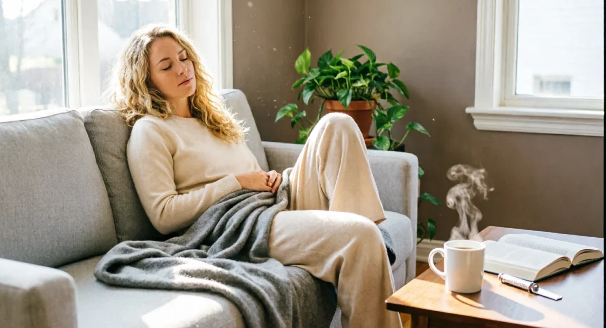 Woman resting peacefully on couch, letting go of feel guilty resting exhausted feelings