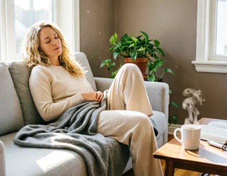 Woman resting peacefully on couch, letting go of feel guilty resting exhausted feelings