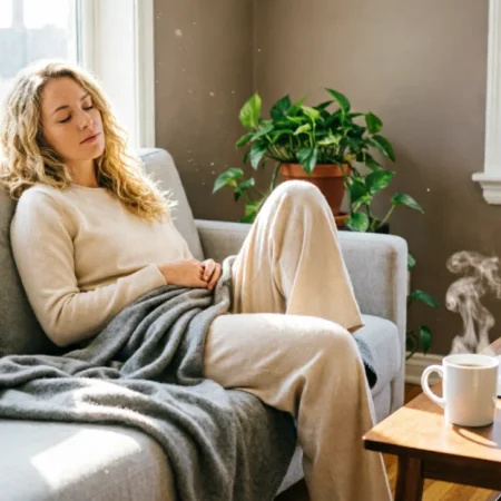 Woman resting peacefully on couch, letting go of feel guilty resting exhausted feelings