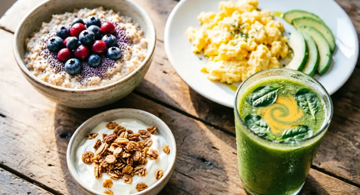 Filling healthy breakfast ideas including oatmeal, eggs, avocado, and smoothie on a wooden table