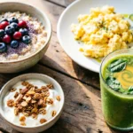 Filling healthy breakfast ideas including oatmeal, eggs, avocado, and smoothie on a wooden table
