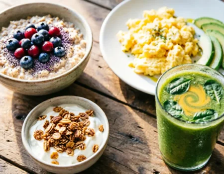 Filling healthy breakfast ideas including oatmeal, eggs, avocado, and smoothie on a wooden table