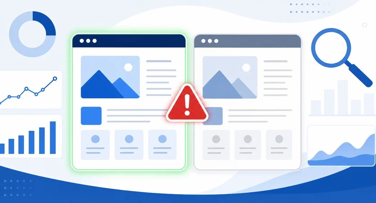 Illustration showing how to fix duplicate content SEO issues with page comparison
