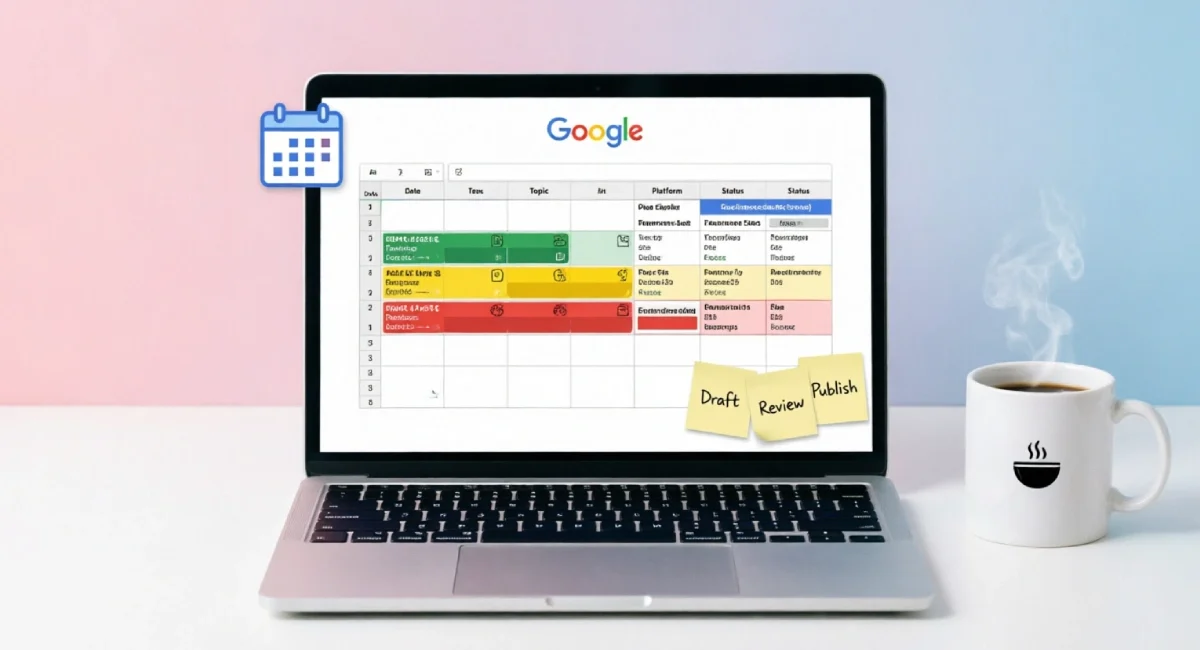 Free content calendar template shown in Google Sheets on laptop