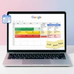 Free content calendar template shown in Google Sheets on laptop