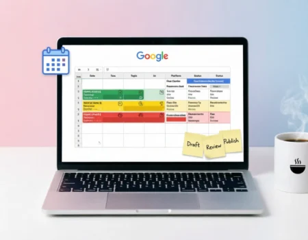Free content calendar template shown in Google Sheets on laptop