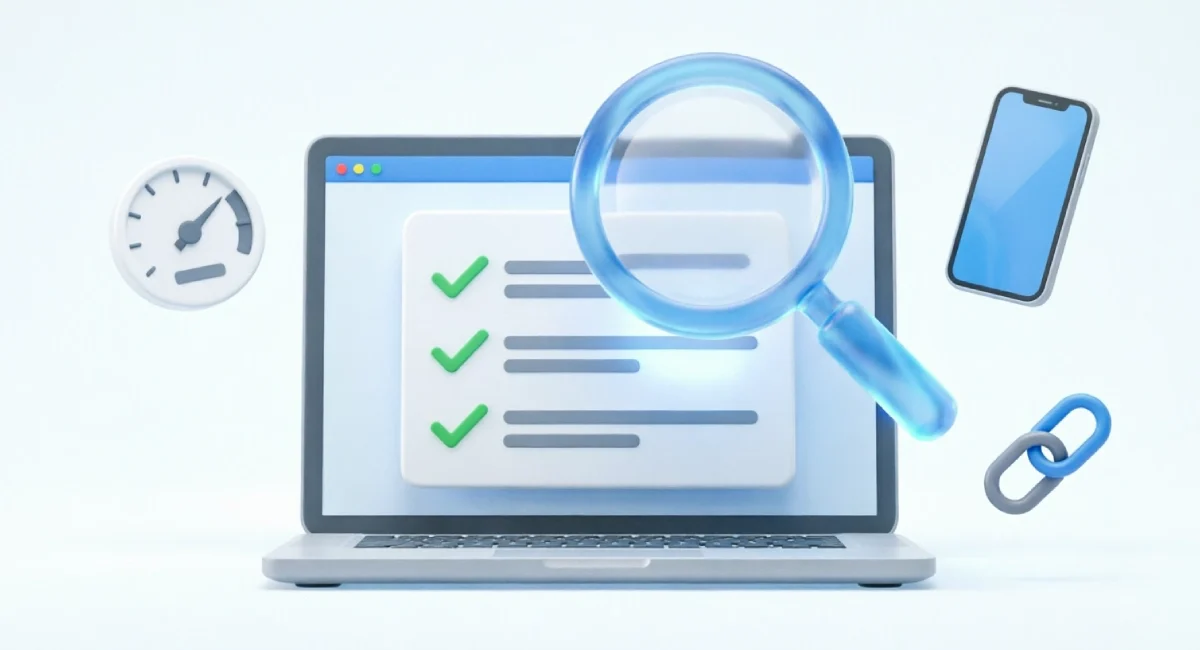 Free SEO audit checklist illustration showing a laptop with a checklist and magnifying glass