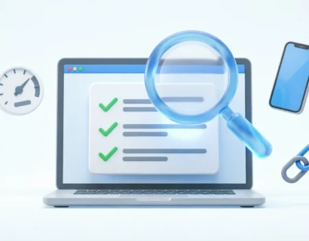 Free SEO audit checklist illustration showing a laptop with a checklist and magnifying glass
