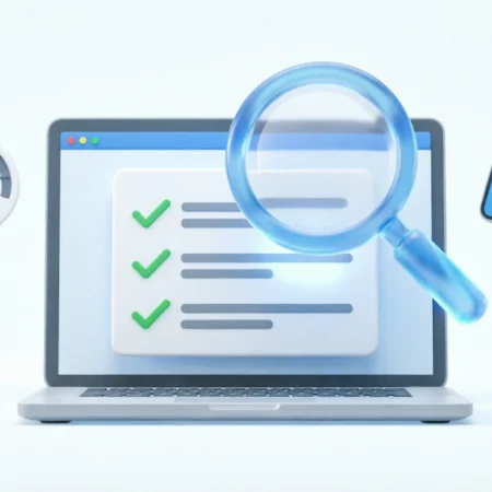 Free SEO audit checklist illustration showing a laptop with a checklist and magnifying glass