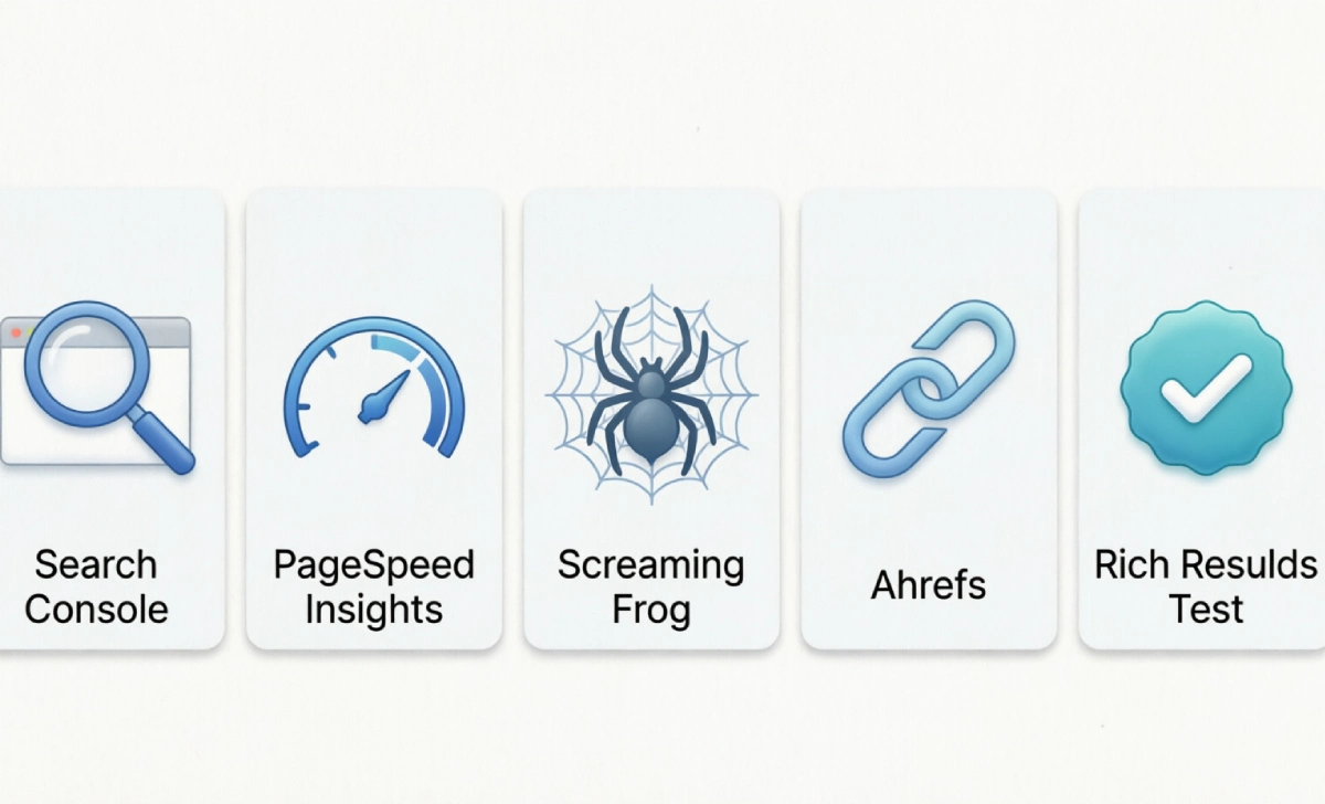 Free SEO audit checklist tools including Search Console, PageSpeed Insights, and Screaming Frog
