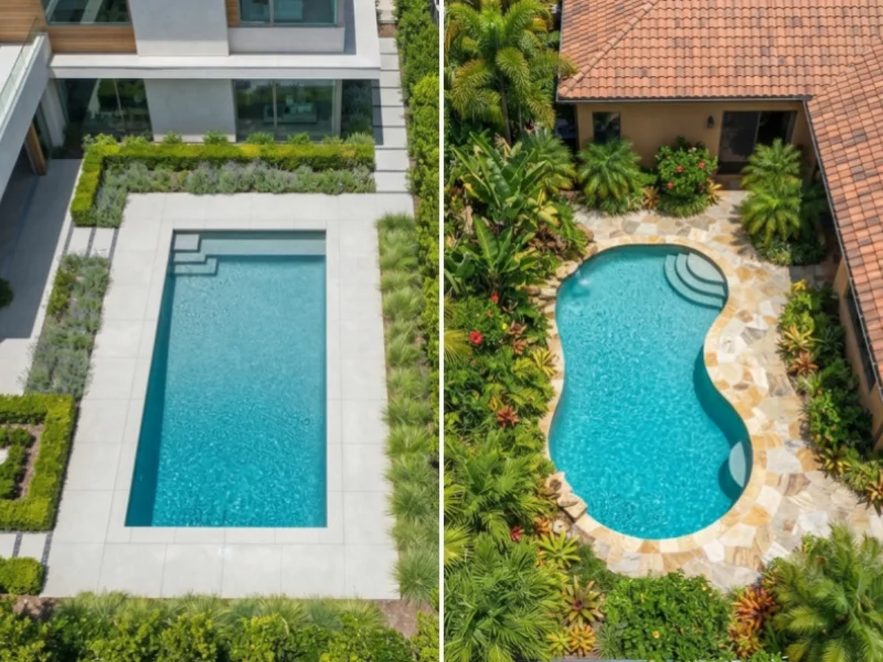 Side-by-side comparison of a geometric rectangular pool and a freeform kidney-shaped pool