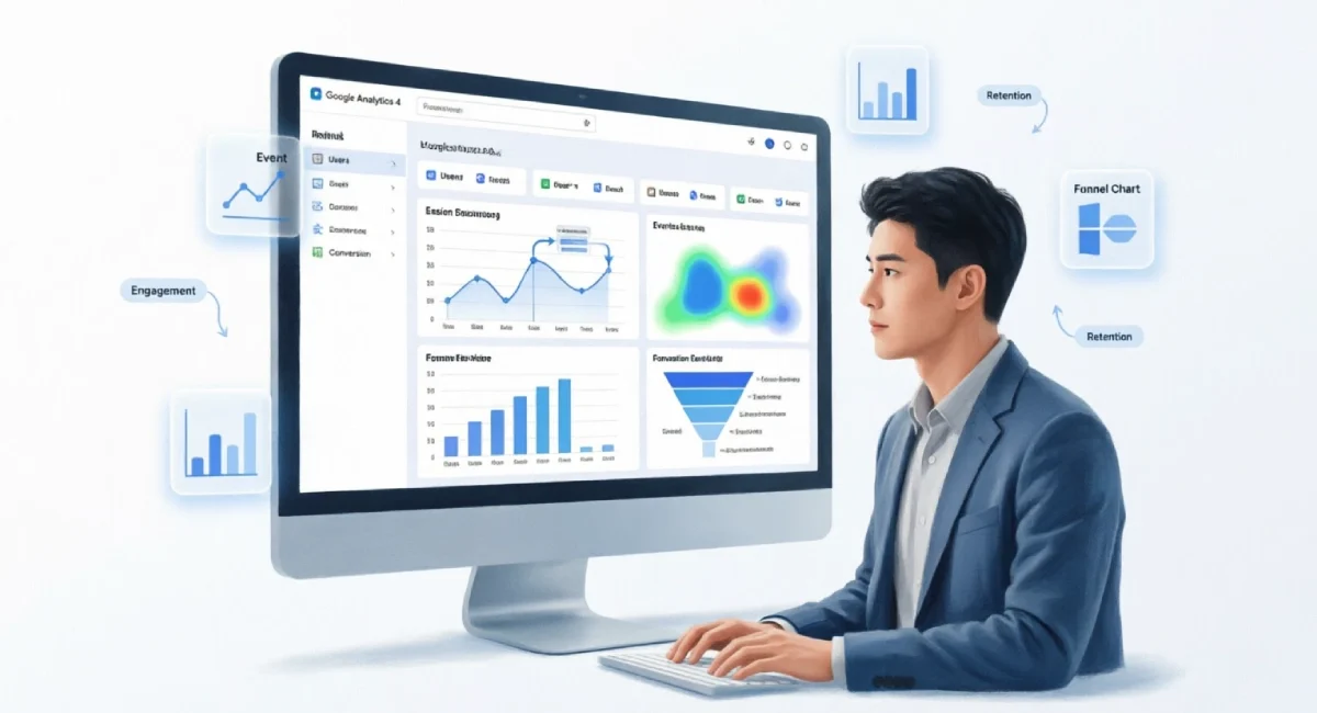 Google Analytics 4 Guide dashboard setup and tracking illustration