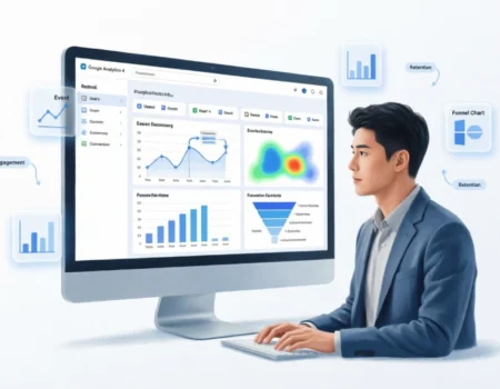 Google Analytics 4 Guide dashboard setup and tracking illustration