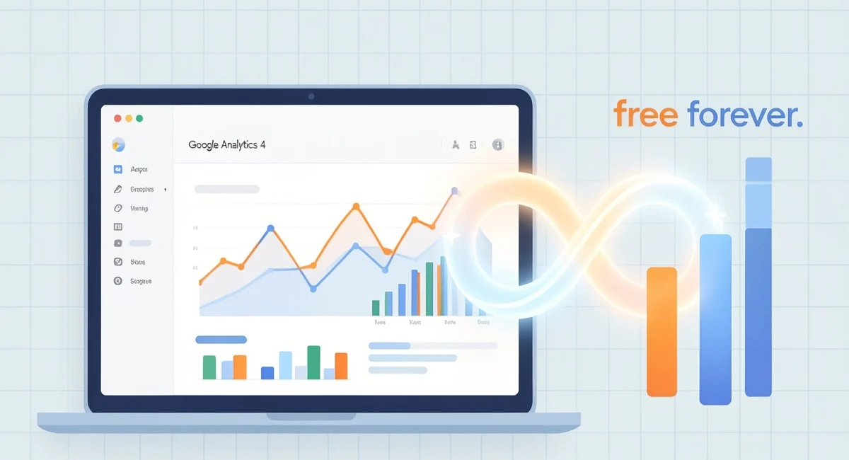 Google Analytics free forever concept showing GA4 dashboard with charts and an infinity symbol