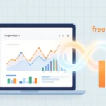 Google Analytics free forever concept showing GA4 dashboard with charts and an infinity symbol